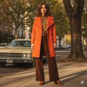 Women's Double-Breasted Belted Coat - Orange‎ VINTAGE